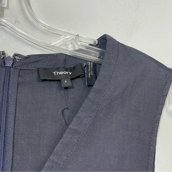 THEORY LINEN KALSINGTON FIT & FLARE DRESS 4 NAVY BLUE MIDI SLEEVELESS POCKETS - Picture 15 of 16